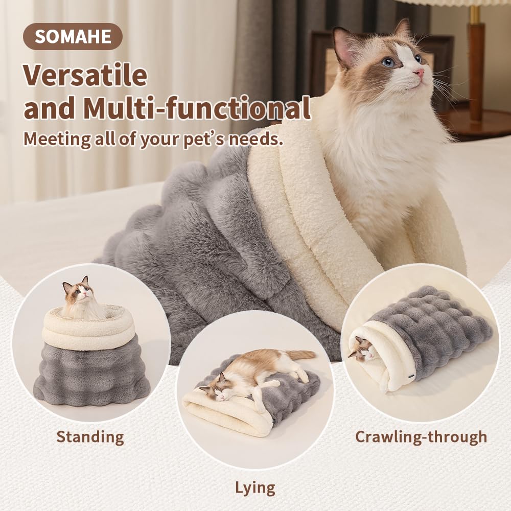 SOMAHE Self-Warming Cat Sleeping Bag, Enclosed Hooded Snuggle Sack with Dual-Side Plush Cat Cave Bed, Portable Foldable Pet Sleeping Pod for Indoor & Travel, Anti-Static, 21.7"x17.7"Pink