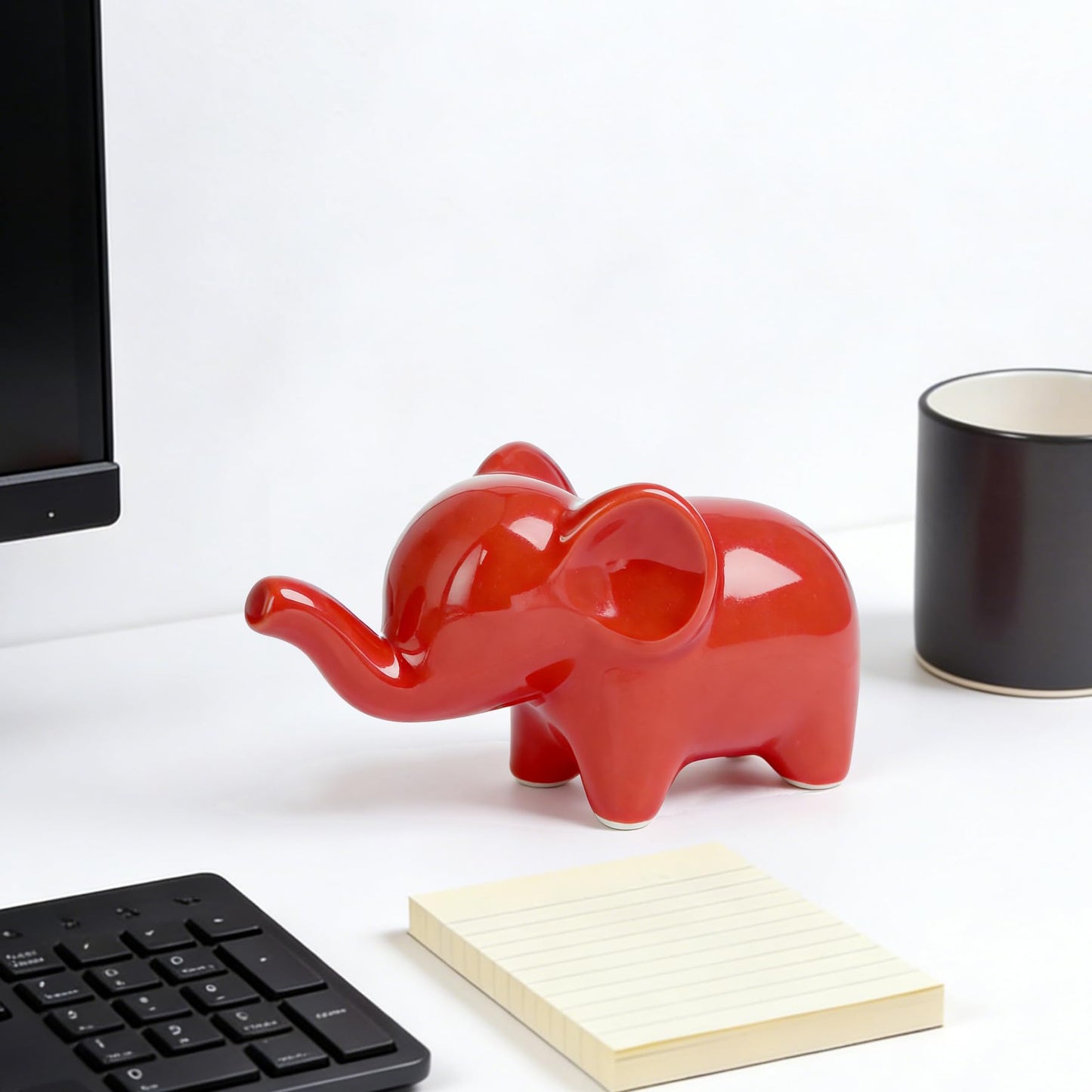 OwMell Good Luck Elephant Decor for Home, Small Ceramic Elephant Statue Figurine for Home Decor, Elephant Collection Ornament - Red