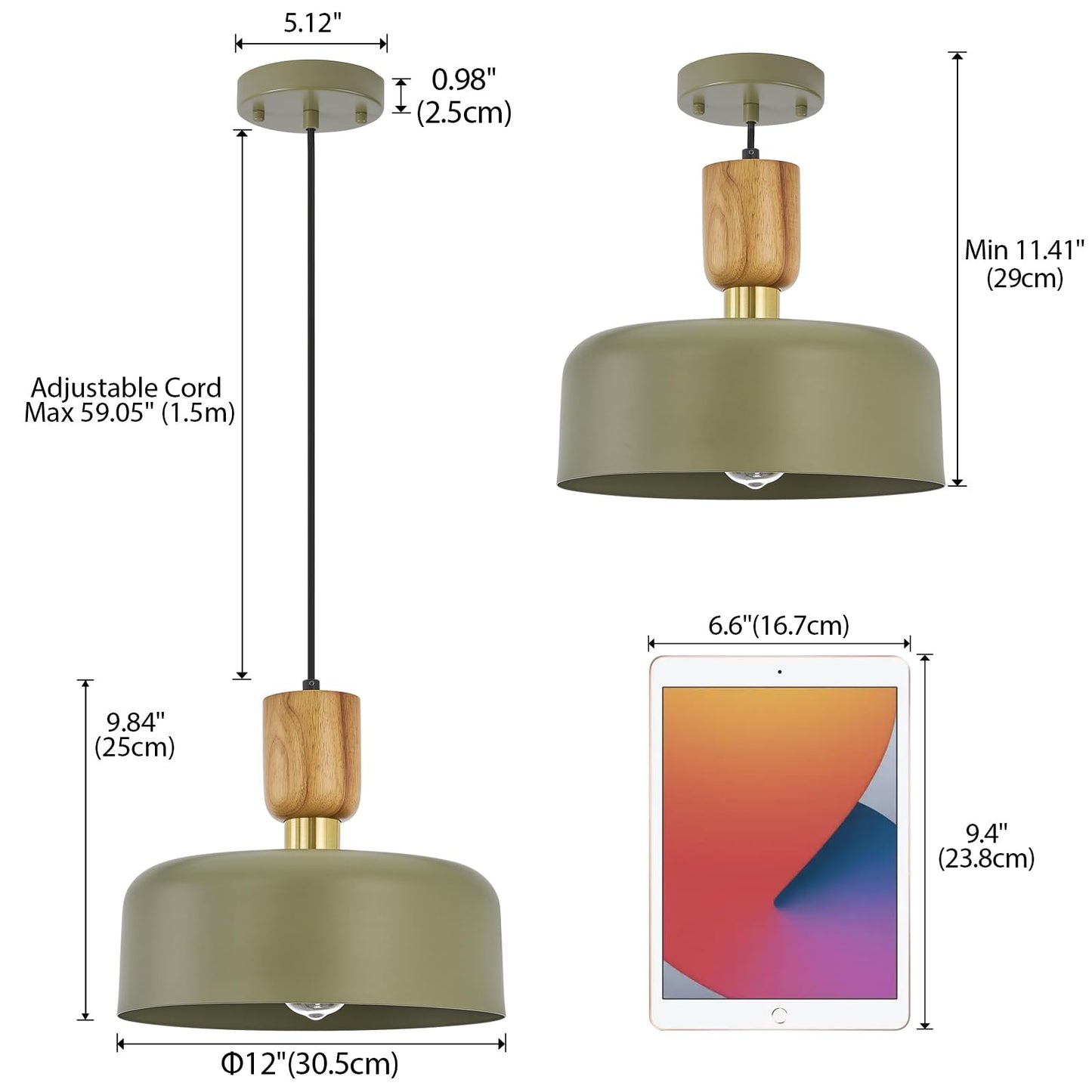 Contemporary Pendant Lighting,12 inch Pendant Lamp,Wood and Brass Accent,Adjustable Metal Hanging Light Fixture for Kitchen, Dining Room, Green