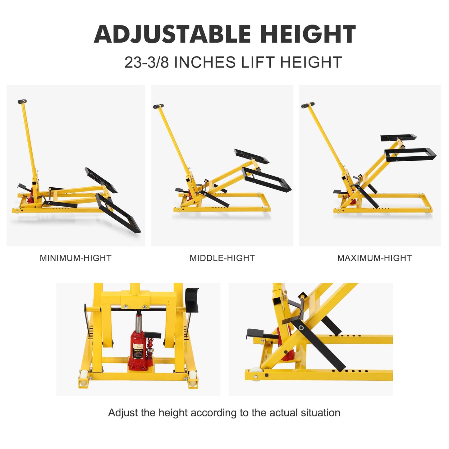 Hydraulic Lawn Mower Lift Jack, 500LBS Capacity Zero Turn Mower Lift with 26.5" Telescopic Height, for Riding Tractors and Zero Turn Lawn Mowers (Yellow)