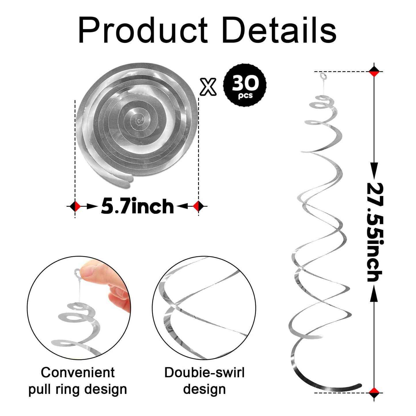 30 Pcs Silver Hanging Swirl Party Decorations,Sparkle Silver Birthday Ceiling Decorations,Streamers for Wedding Party Anniversary Graduation Christmas (Silver)