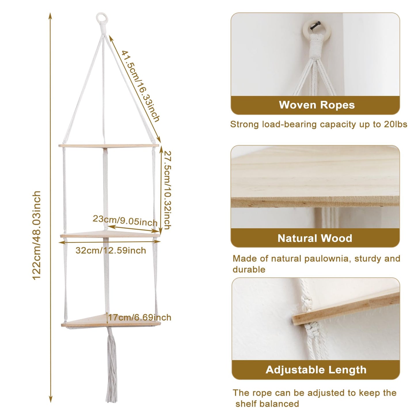 Artilady White Corner Floating Shelves Wall Hanging- Macrame 3 Tier Corner Shelf Plant Wall Decor Boho Rustic Wooden Storage Orgnizer for Bedroom Living Room Pots Photos