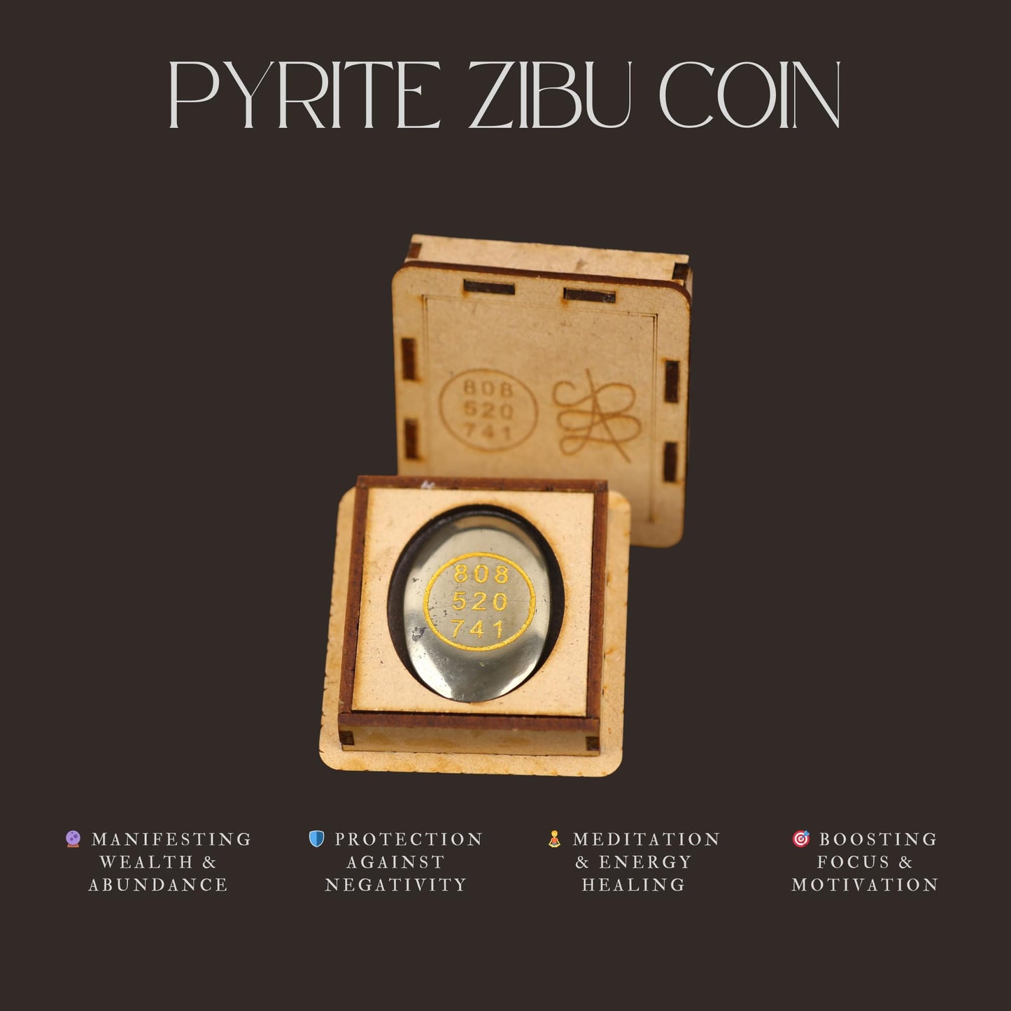 TRRYSTALS Natural Gemstone Zibu Coin with Sacred Symbol Design | Pyrite Stone Decorative Coin for Meditation, Vastu & Home Décor | Collectible Spiritual Style Accessory