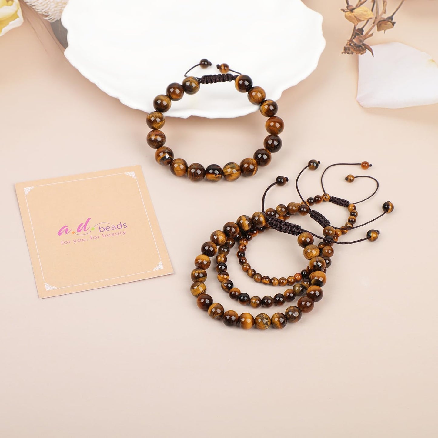 AD Beads 8mm Yellow Tiger's Eye - Courage and Confidence - Handmade Natural Stone Crystal Bracelet with Adjustable Macrame String - Yoga Healing Power Energy Gifts for Men and Women