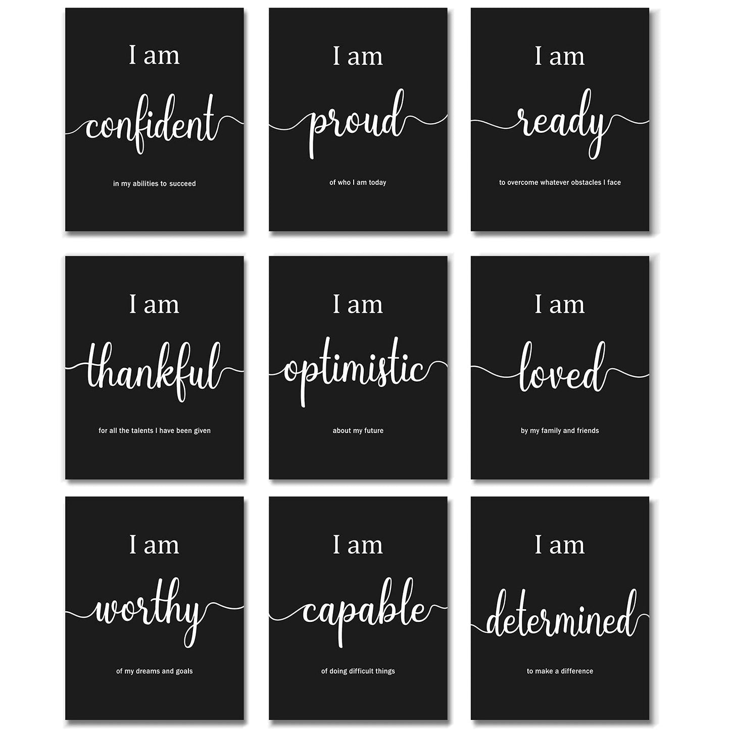 Outus 9 Pieces Inspirational Motivational Wall Art Office Bedroom Wall Art,Daily Positive Affirmations for Men Women Kids Inspirational Positive Quotes Sayings Decor(Black)