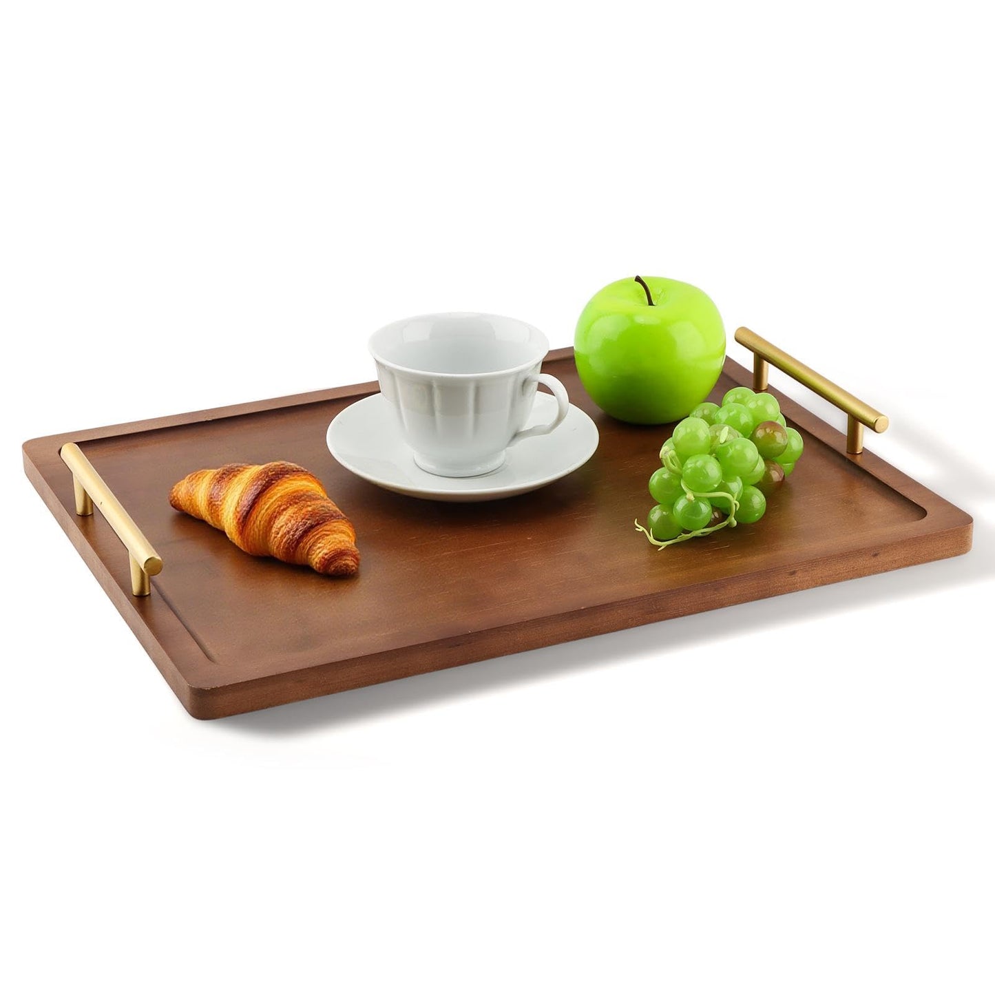 Wooden Serving Tray, 17x12In Wooden Food Drinks Tray with Metal Handles for Coffee Table, Breakfast, Dinner & Bar, Rustic Decorative Ottoman Tray for Kitchen, Parties