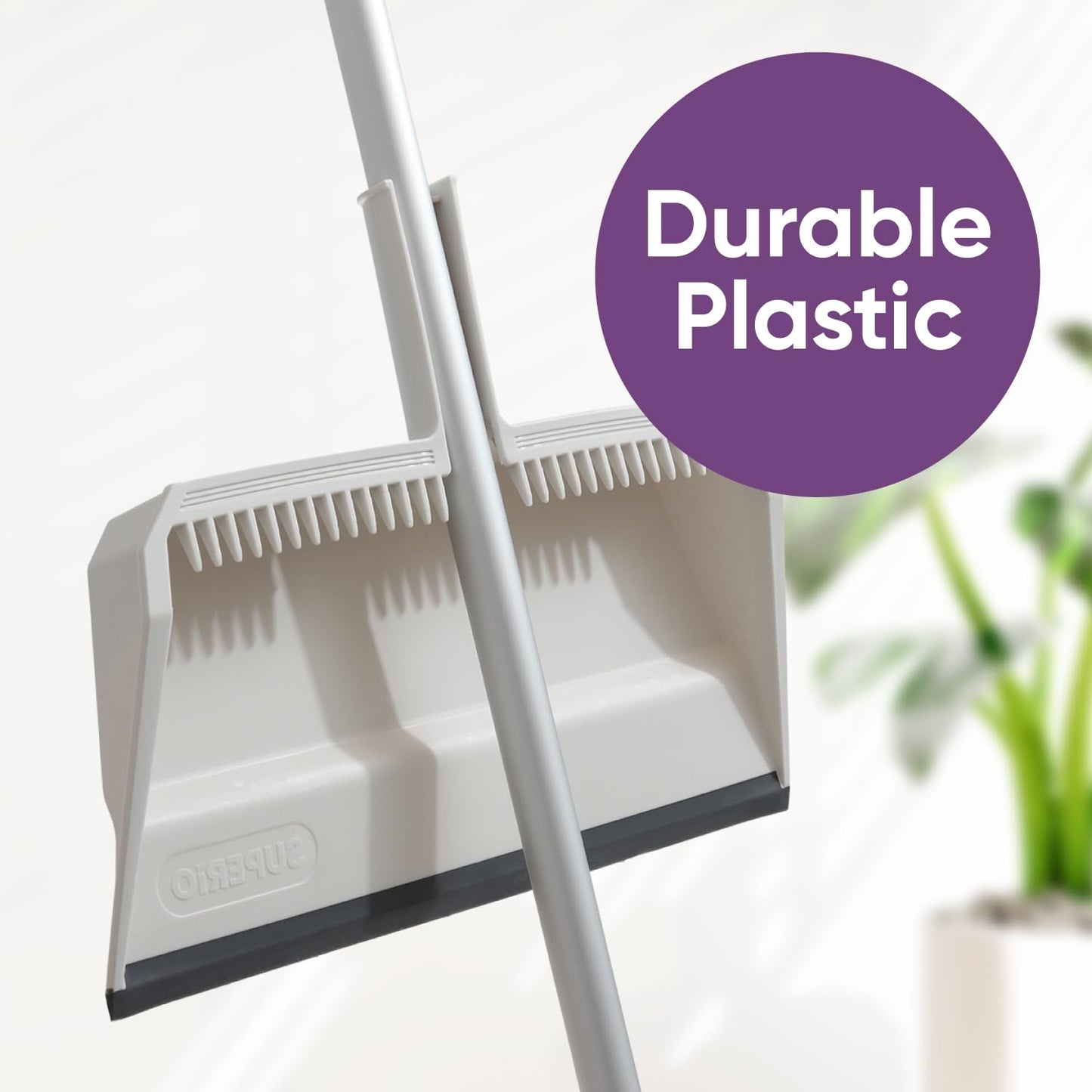 Superio Wide Plastic Dustpan with Comb - 16" Wide, Rubber Lip, Broom Handle Clip, White