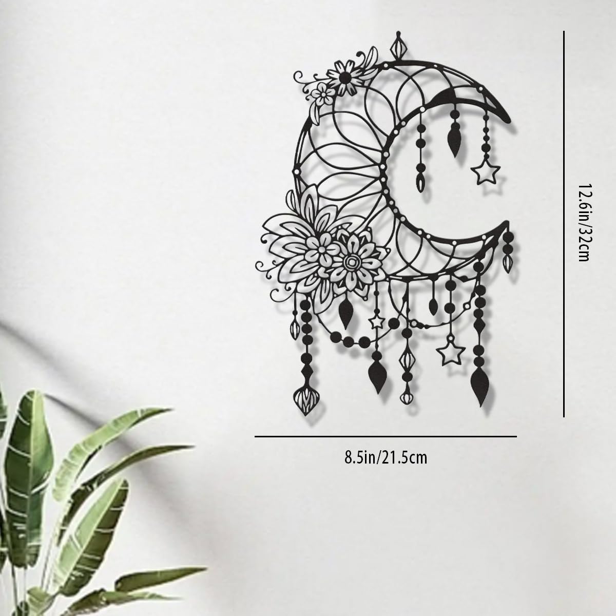 SYDERWE Metal Wall Art, Matte Black Moon Phase Decor, Celestial Bedroom Decor with Floral and Hanging Stars, Indoor & Outdoor