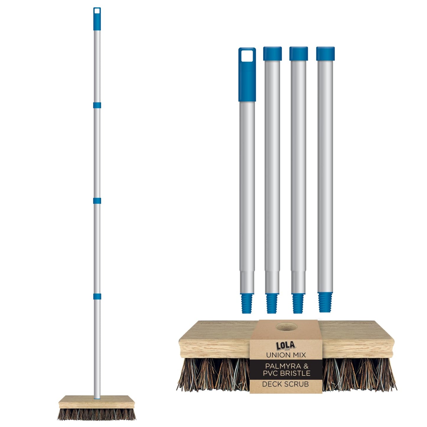 LOLA Deck Scrub Brush, 9" x 3.5" Head w/Palmyra & PVC Bristles for Outdoor Cleaning, Removes Dirt & Grime from Patios, Decks, Grout, 1 CT