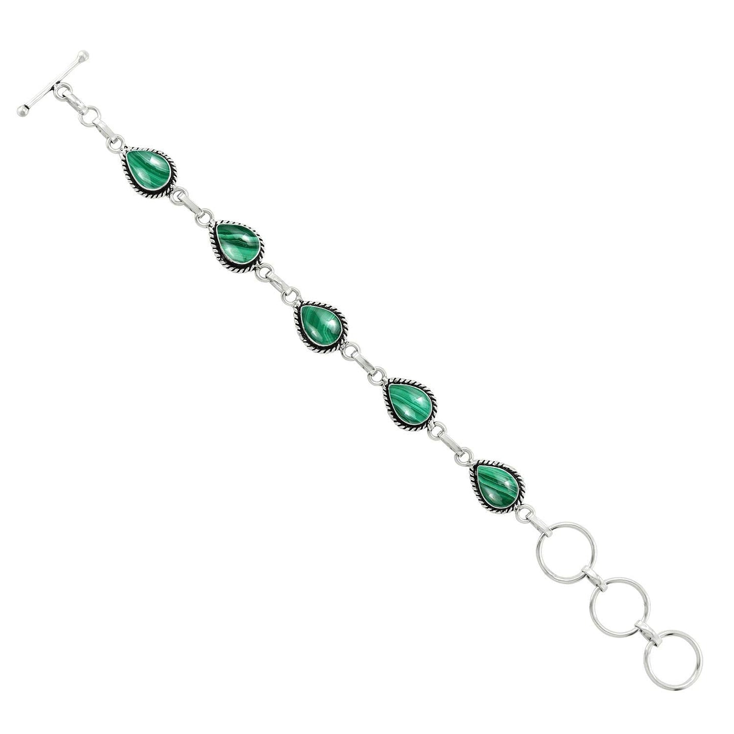 Natural Malachite Silver Plated Link Bracelet for Women - Green Stone April Birthstone Handmade Vintage Style Adjustable Jewelry Bracelet - Valentine Day Gifts for Her