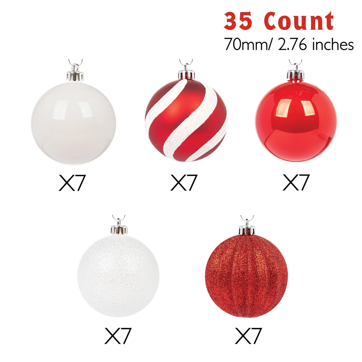 Every Day is Christmas Ornaments, Shatterproof Christmas Tree Ornament Set, Christmas Balls Decoration 35 Count (2.75"/70mm, Red White)