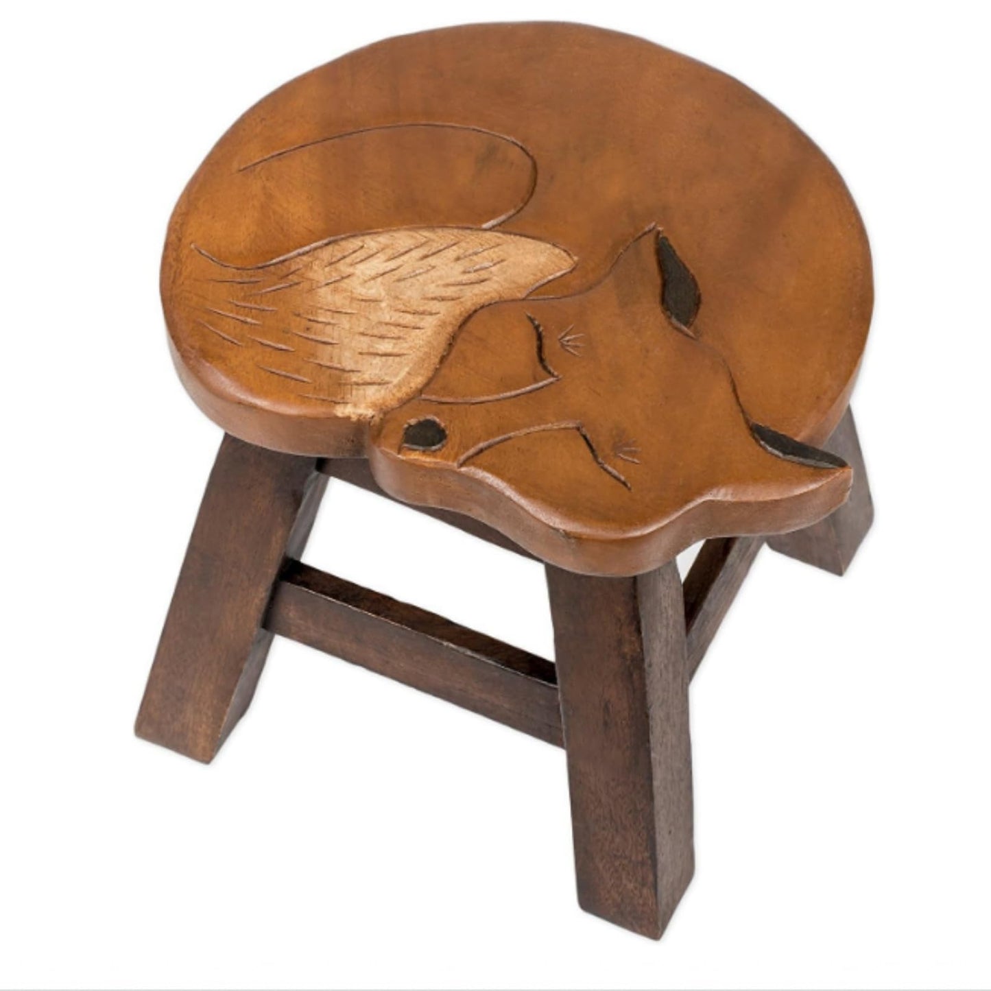 Beeveer Fox Hand-Carved Wood Foot Stool 11 Inch Decorative Animal Foot Stool Fox Wood Decorative for Planter Kitchen