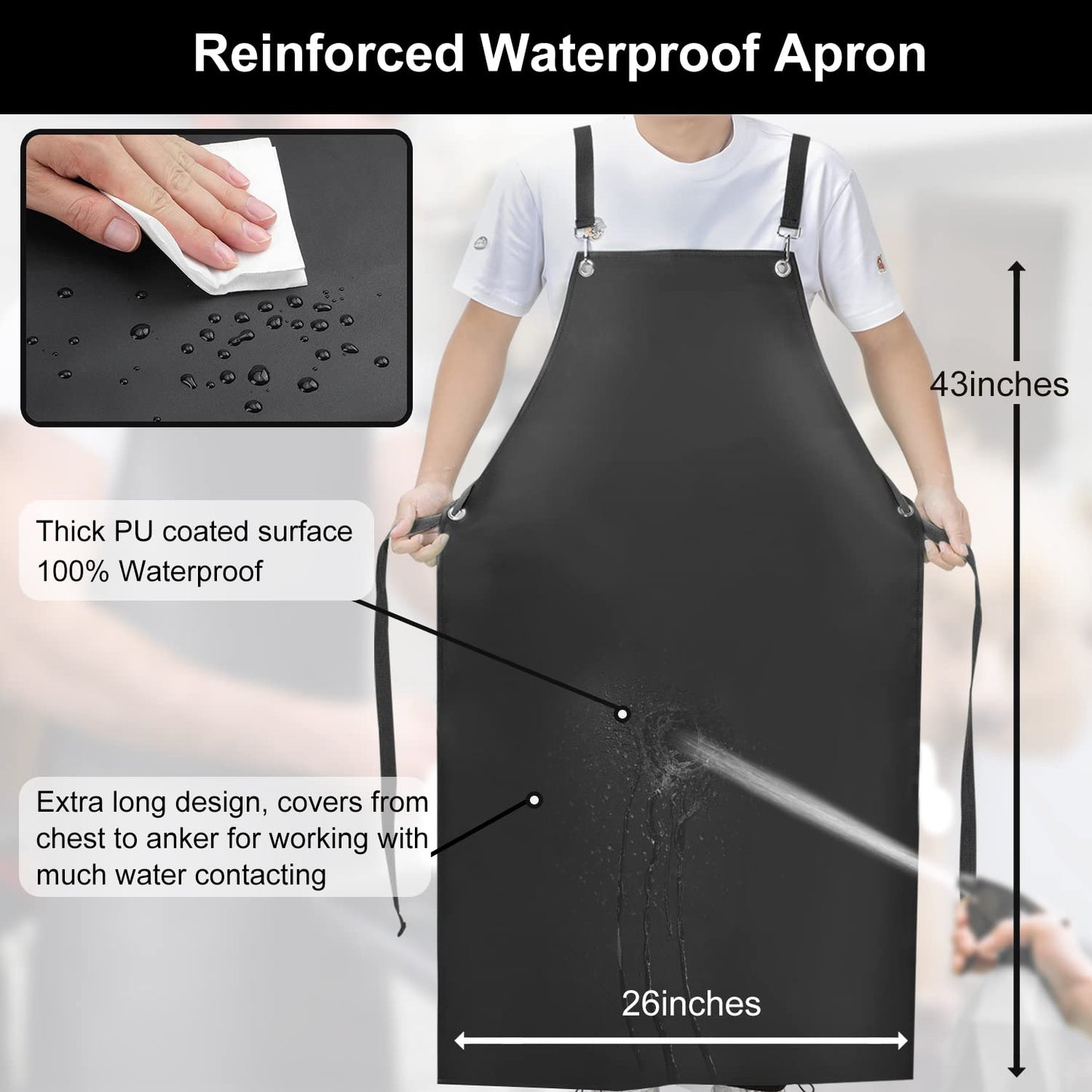 SHEOMERN Waterproof Rubber Apron, 43" Anti-Tear Heavy Duty Vinyl Adjustable Thicker Cross Back Dishwasher Apron for Restaurant Dishwashing, Butcher, Lab Work, Dog Grooming Black