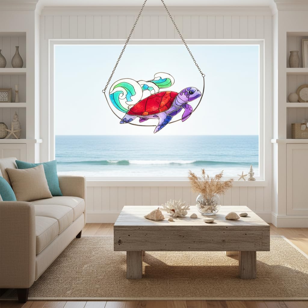 Sea Turtle Stained Glass Window Hanging, Ocean Sea Life Sun Catchers Indoor Panel, Nautical Suncatcher Decor for Home, Wall, Garden, Coastal Ornament Gift for Women, Beach Lovers