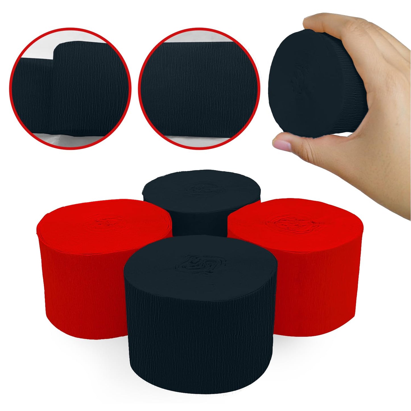 4 Crepe Paper Streamers Rolls, 328ft Pack of Red and Black Crepe Paper for Birthday Wedding Baby Shower Party Decorations (1.8 inch x 82 ft/Roll)