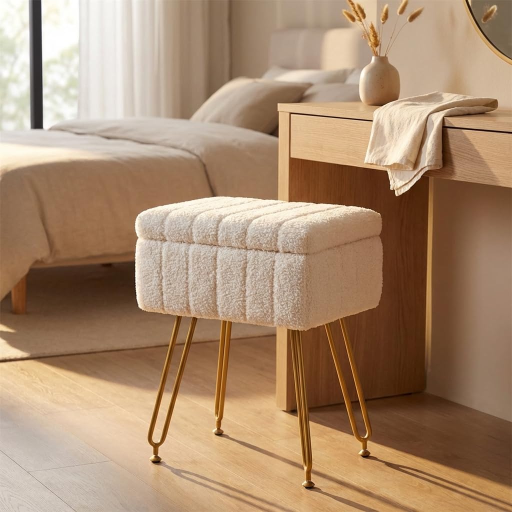 CLICKBIN 16" Teddy Fabric Storage Ottoman, Plush Vanity Stool with Hidden Storage for Bedroom, Living Room, Beige