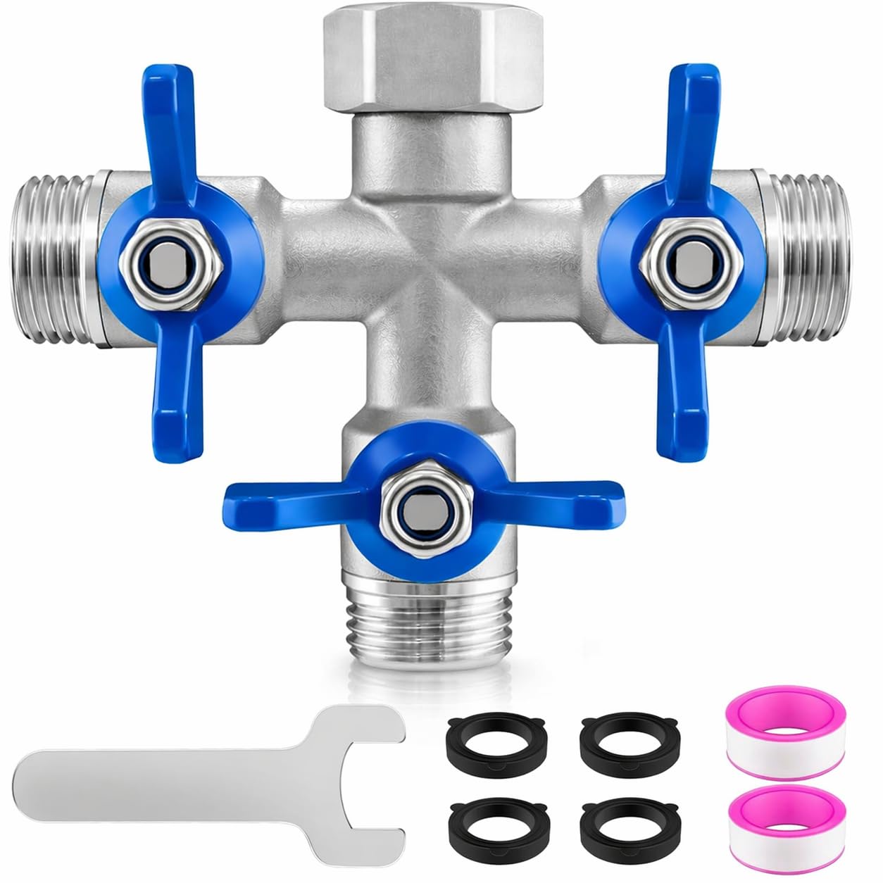Cekwiet 304 Stainless Steel 3 Way Garden Hose Splitter, Heavy Duty Hose Splitter with 3 Shut-Off Valves, 3/4" GHT Outdoor Faucet Hose Adapter, Full Flow Water Hose Connector