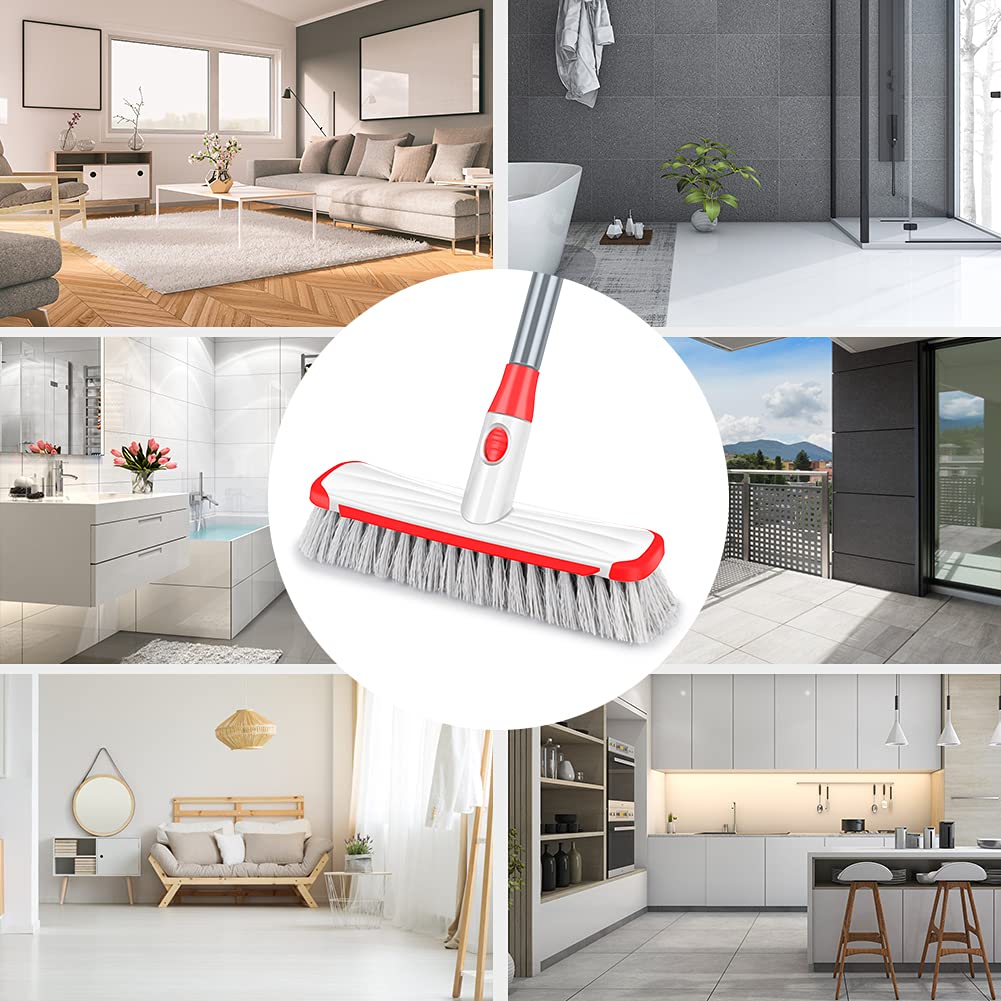 Floor Scrub Brush with Long Handle, Scrubbing Brush Squeegee Broom for Cleaning, 2 in1 Stiff Bristle Shower Scrubber Floor Squeegee for Pool Wall Tile(White)