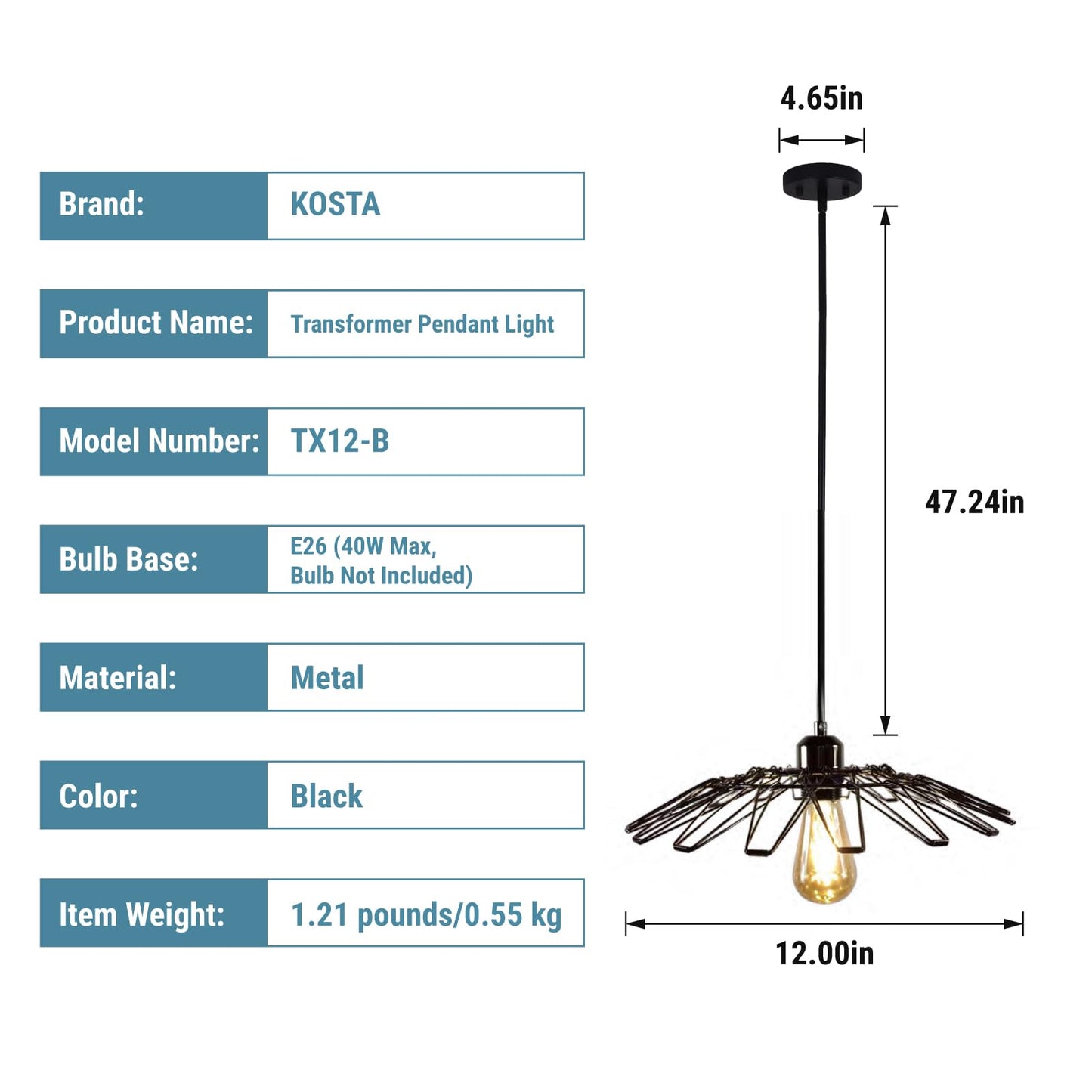 KOSTA Pendant Light Fixtures, Hanging Ceiling Lights, E26 Base Max. 40 Watts, for Kitchen Island Dining Restaurant Room Hallway Hotel Bar, 12 Inch, Bulb Not Included, 2-Pack