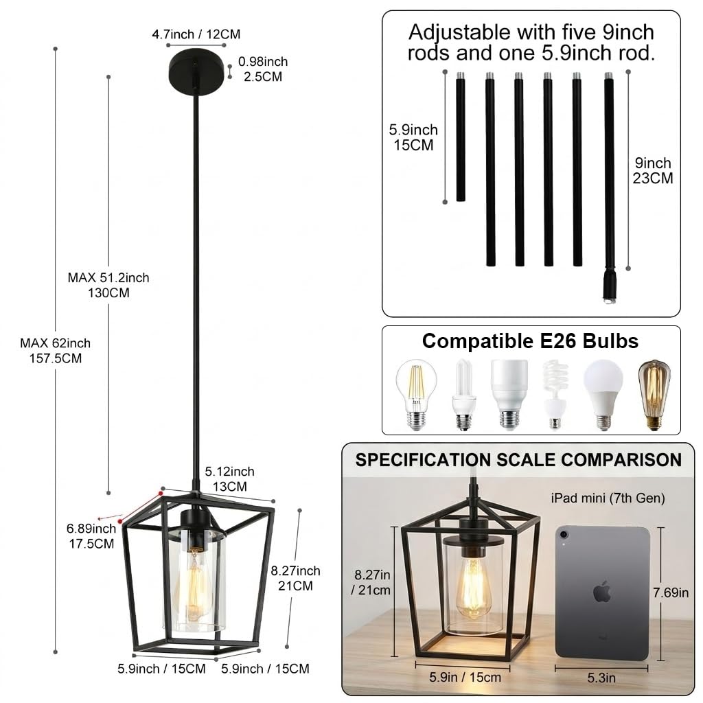 GZJunYo Black Pendant Lights Kitchen Island, 1-Light Farmhouse Kitchen Pendant Lighting Over Island, Metal Cage Island Hanging Lights for Kitchen, Dining Room, Entryway, Hallway, Foyer