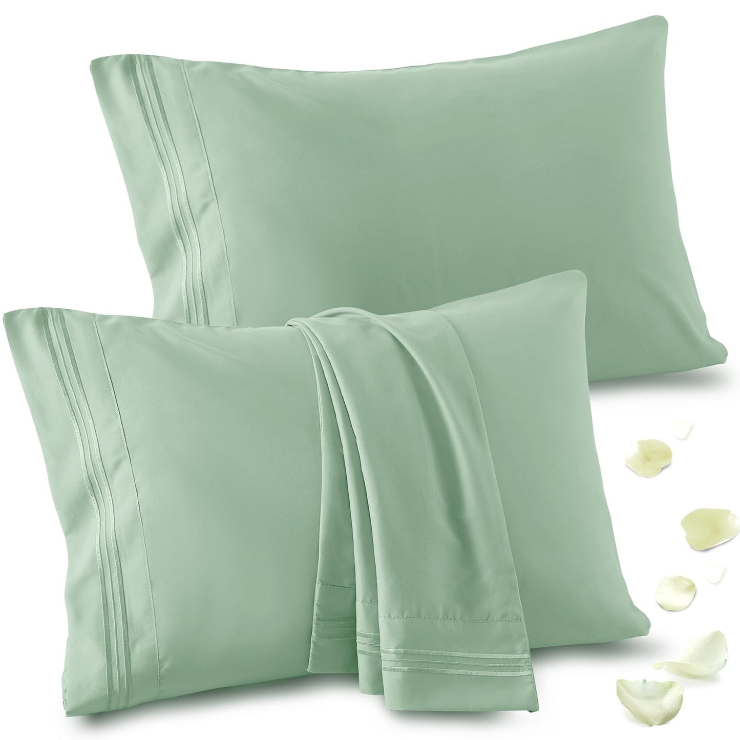 Vonty 2 Pack Standard Pillow Cases - 20x26 Inch, 1800 Thread Count Microfiber Pillowcases Standard Size Sage Green Pillow Cases Luxury & Soft Embroidered Bed Pillow Covers with Envelope Closure