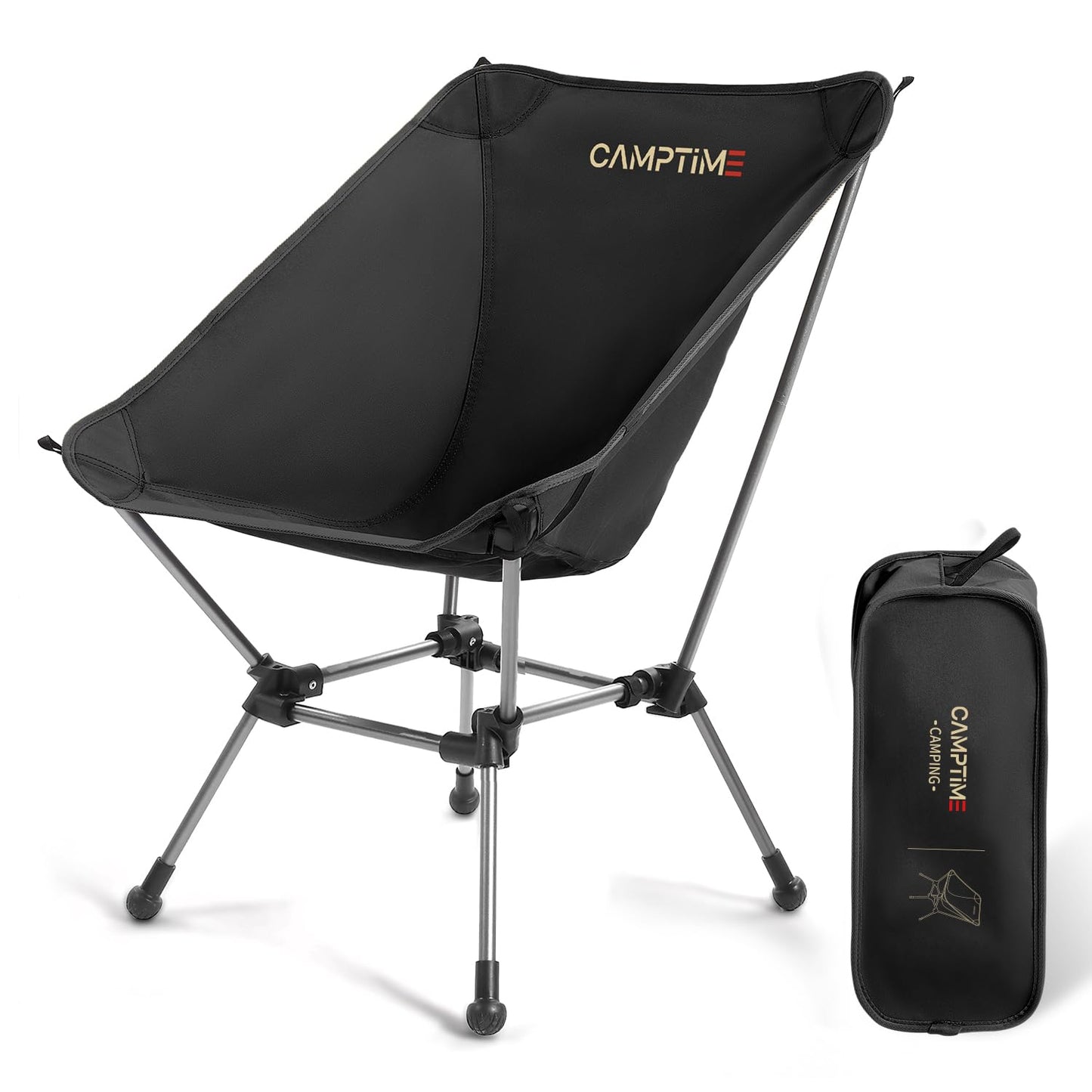 Camptime Portable Camping Chair Plus, Larger & Roomier, Compact and Lightweight, Folding Chair for Backpacking & Hiking, 330Lbs Capacity, Black