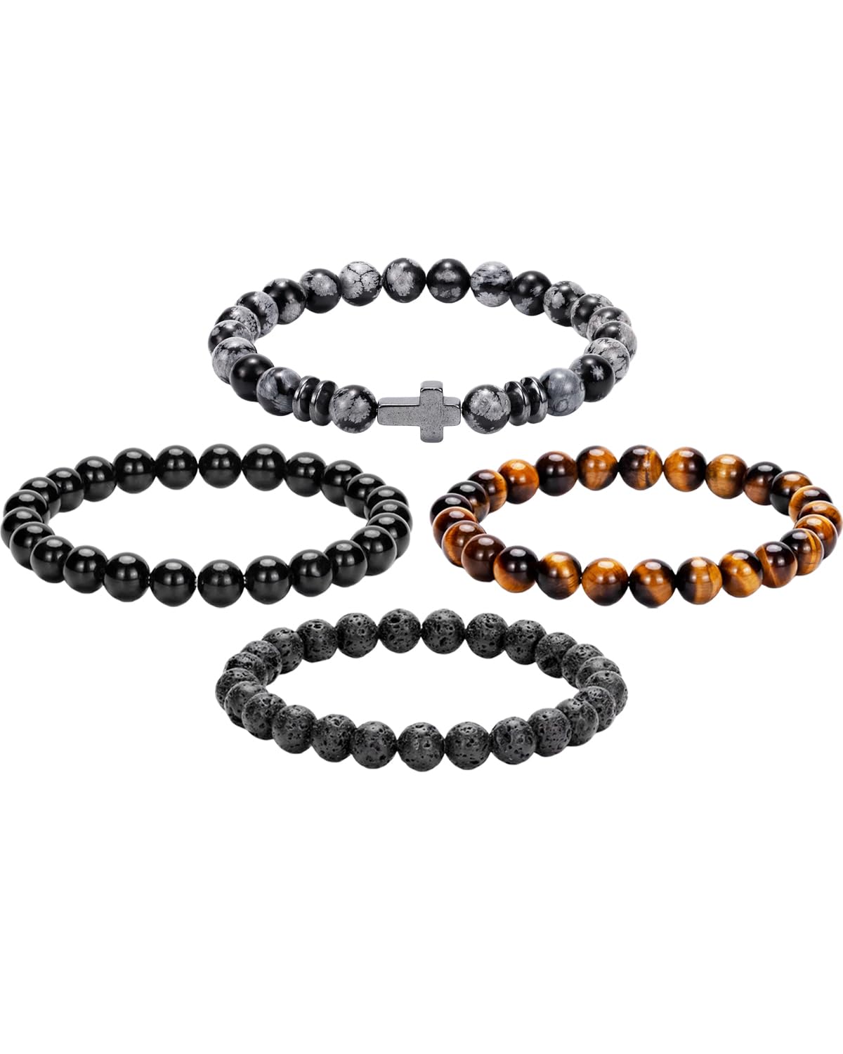 Crystery Men Beaded Bracelets, 8mm Natural Stone Bracelet, Healing Crystal, Jewelry Gifts for men, Triple Protection, Snowflake, Tiger Eye, Black Obsidian Beads Bracelets, Lava Rock, Pack of 4
