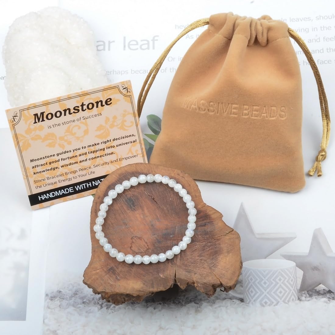 MASSIVE BEADS Moonstone - Success - Handmade Handmade Yoga Stretch Elastic Bracelet Natural Stone Crystal Healing Power Energy Gifts for Unisex Adult 4mm