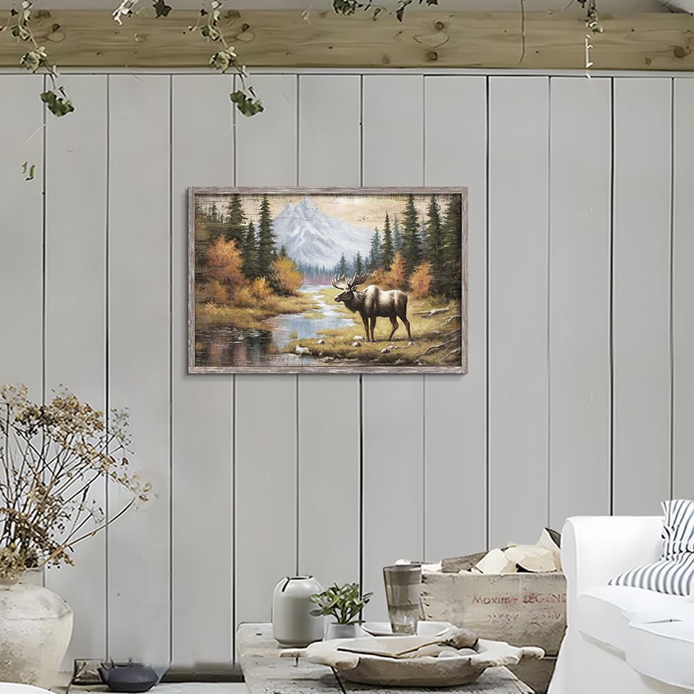 Moose Framed Wall Art Painting: Rustic Wildlife Prints Large Woodland Wild Animal Picture Elk Deer Artowrk for Bedroom Farmhouse Cabin Decor