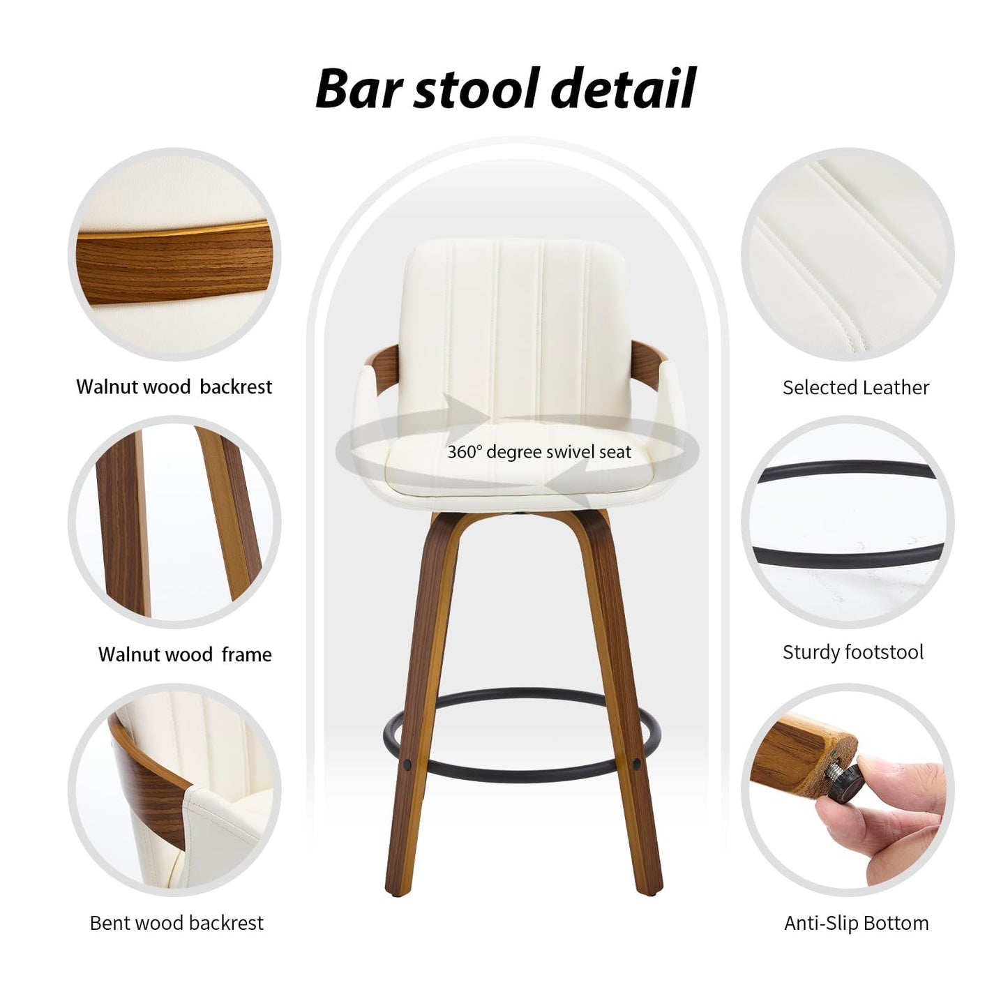 VipDesk Bar Stools Set of 2, 26" Counter Height Swivel Stools with Back, Walnut Wood Frame, PU Leather, Built-in Footrest, Modern Kitchen Island Chairs – Easy Assembly & Sturdy Design - Cream White