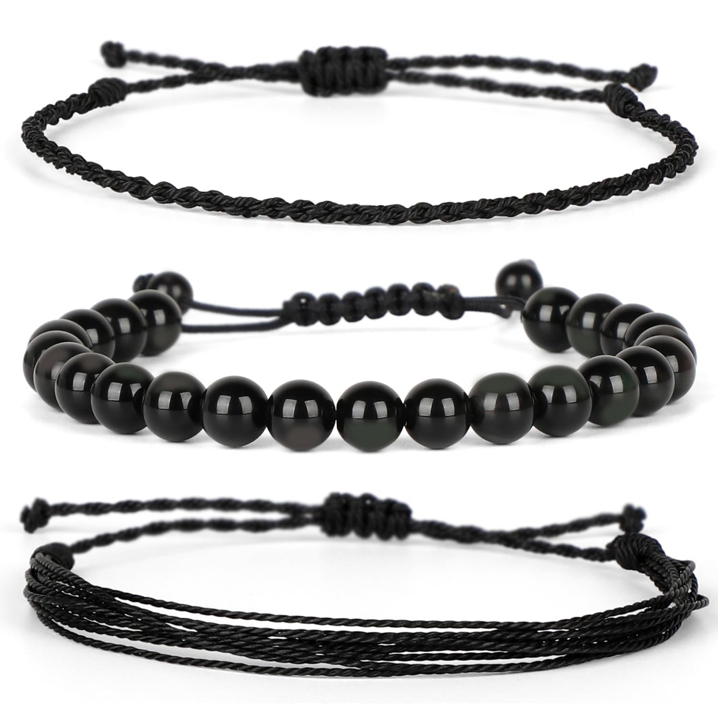 QOGIR Handmade Healing Stones Bracelet,8mm Natural Black Obsidian Gemstone Beads Bracelet,for Men Women Gifts with 2PCS Size Adjustable Rope Bracelets