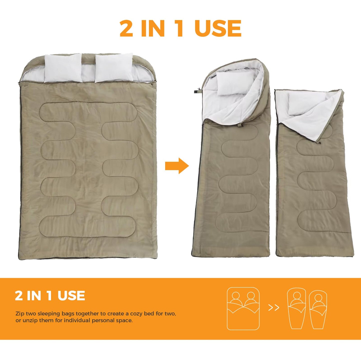 NEWBULIG Double Sleeping Bag for Adults with 2 Pillows, XL Waterproof Lightweight Machine Washable Sleep Bag Cold Weather, 3-Season for Camping/Hiking/Backpacking, 2-in-1 Converts to 2 Singles