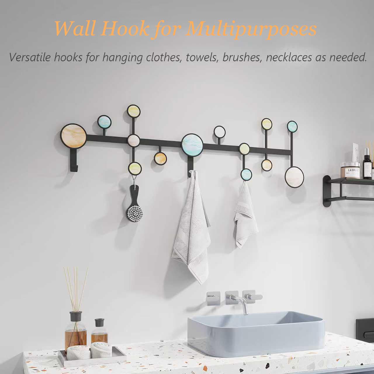 AROCUSHI 25.5" Wall Mounted Coat Rack with 5 Hooks-Modern Metal Wall Decoration Organizer，Black Matte Finish with Shell Decor, Heavy Duty Hanging Hooks (Includes Mounting Hardware & Adhesive)