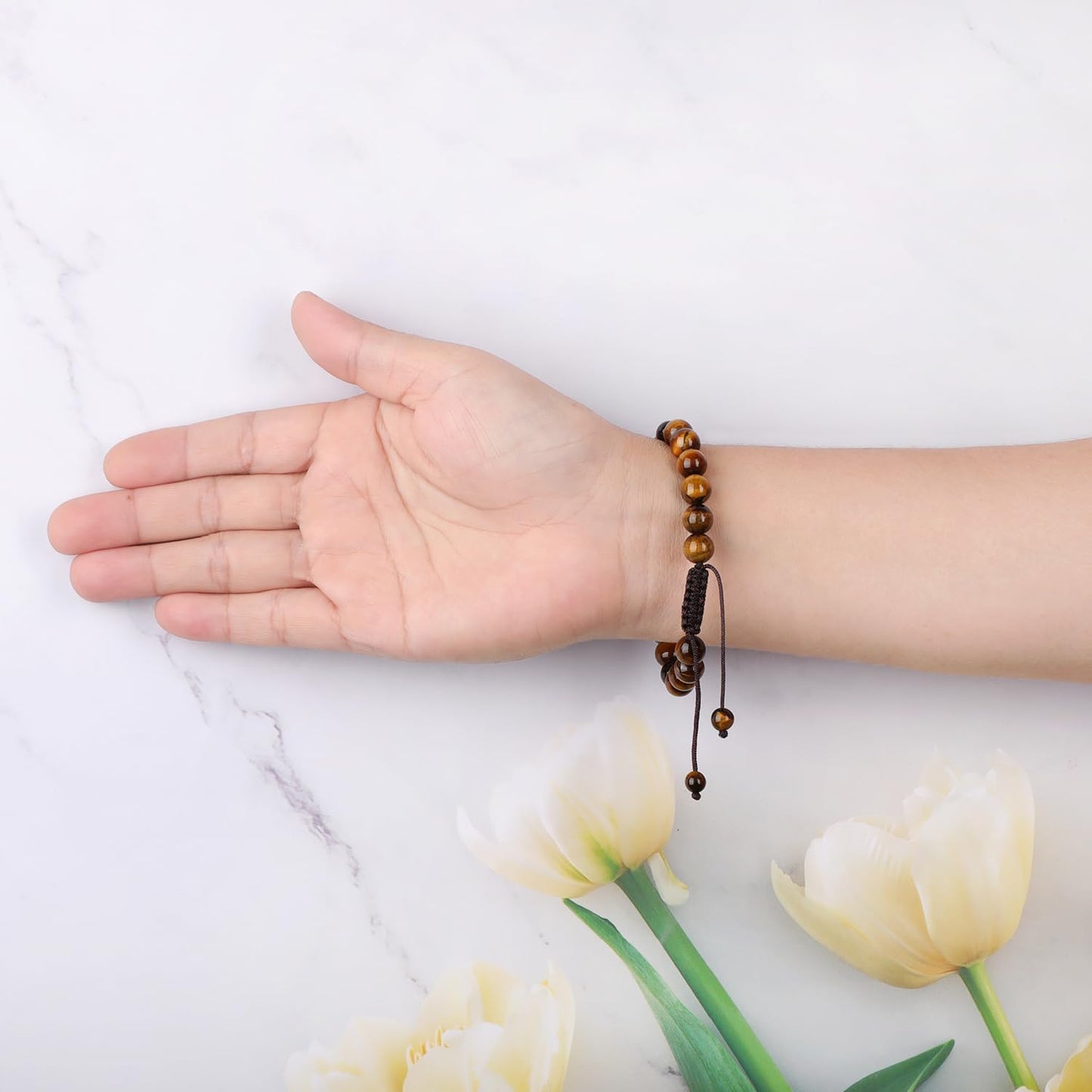AD Beads 8mm Yellow Tiger's Eye - Courage and Confidence - Handmade Natural Stone Crystal Bracelet with Adjustable Macrame String - Yoga Healing Power Energy Gifts for Men and Women