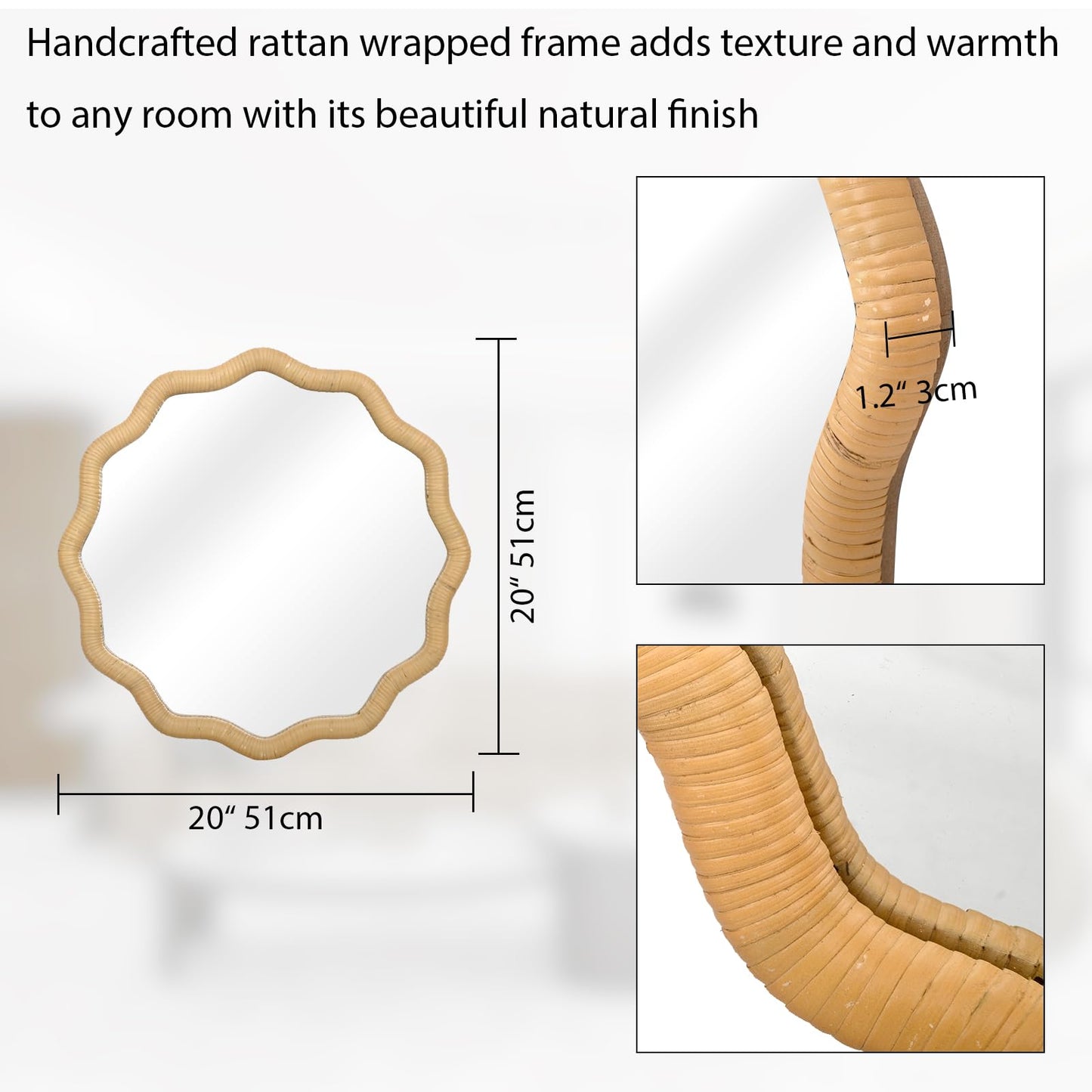 FUIN 20" Round Rattan Wall Mirror, Scalloped Wavy Wicker Frame – Handwoven Natural Boho Decor for Bathroom Vanity, Nursery & Entryway – Distortion-Free Glass