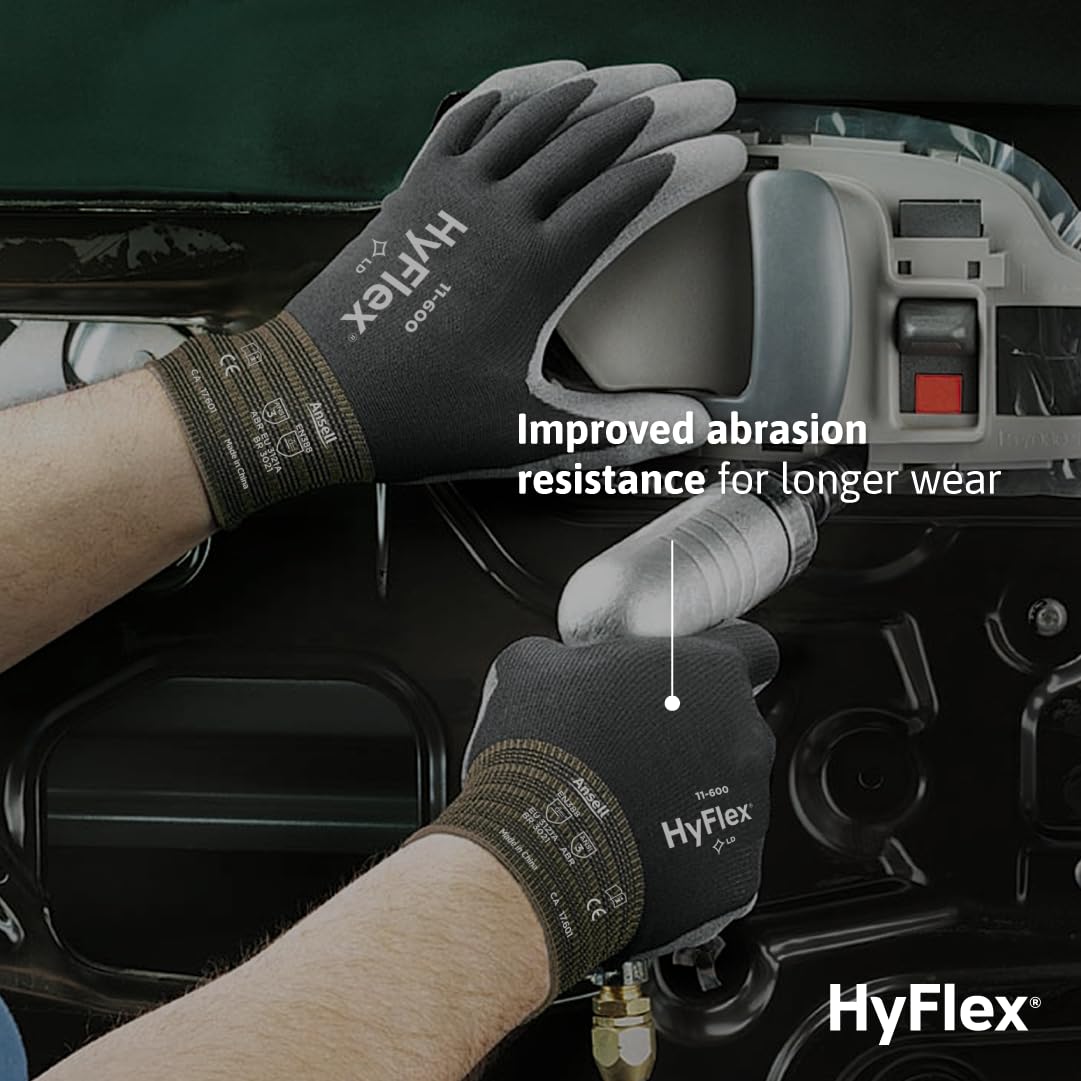 Ansell HYFLEX 11-600 Light Duty Nylon Industrial Gloves w/Palm Coating for Metal Fabrication, Automotive - XL (10), Black (1 Pair)