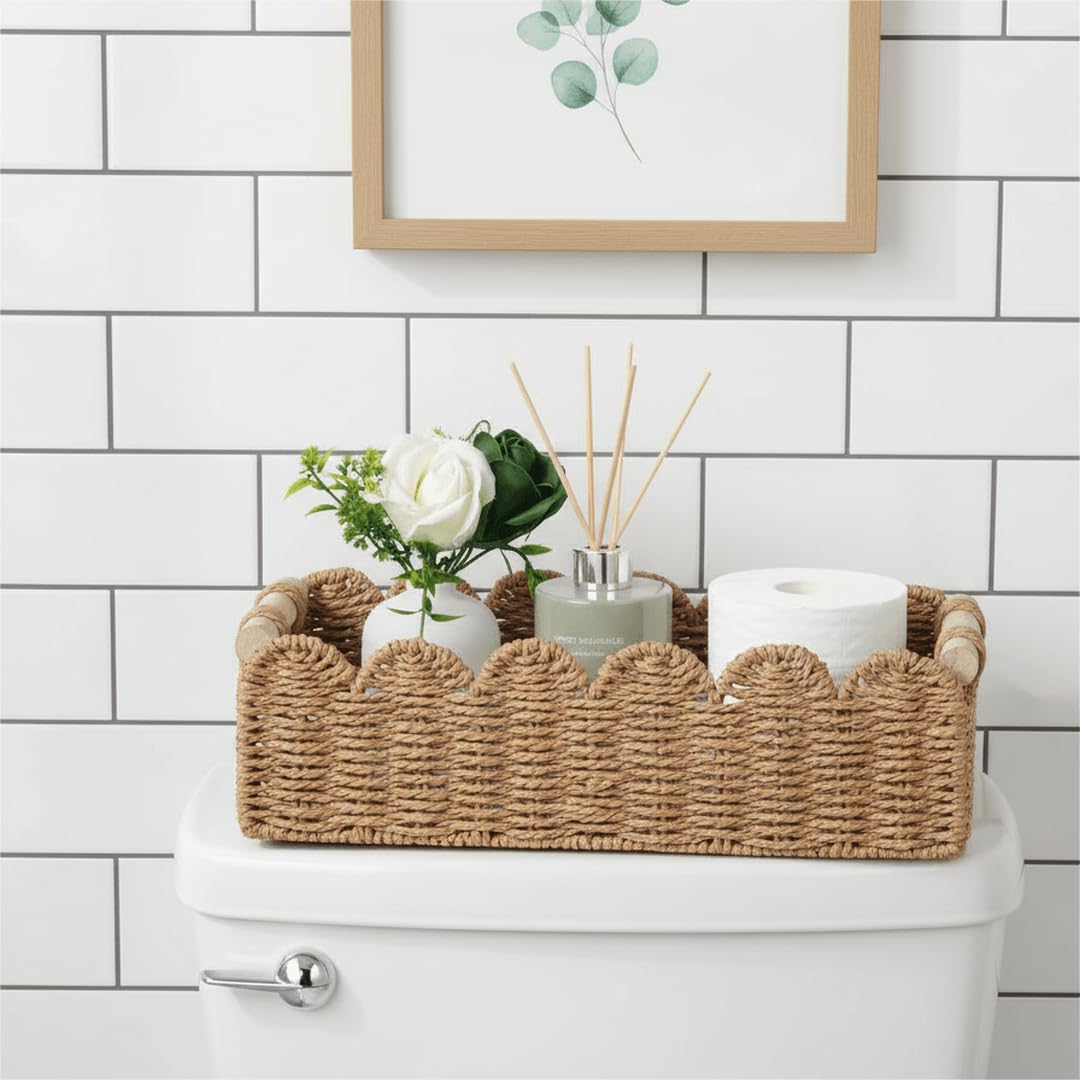 CubesLand Paper Rope Scalloped Edge Toilet Paper Storage Basket, Small Living Room, Bedroom Decor Baskets for Over Toilet Storage Shelf, End Table, Shelves and More, with 2 Wooden Handle, Neutral