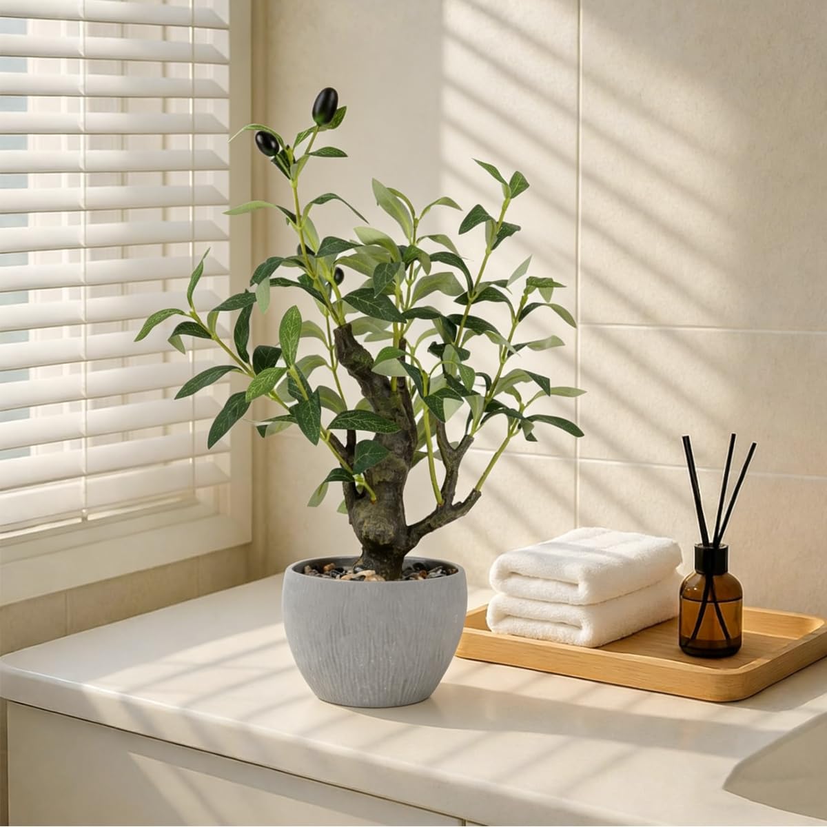 KAIRNE Artificial Olive Tree Potted,15.7” Tall Fake Green Plants,Realistic Leaves Decorative Table Decor,Lifelike Branches and Fruits Planter,Rustic Design Faux Plants for Home Office Desk Decor