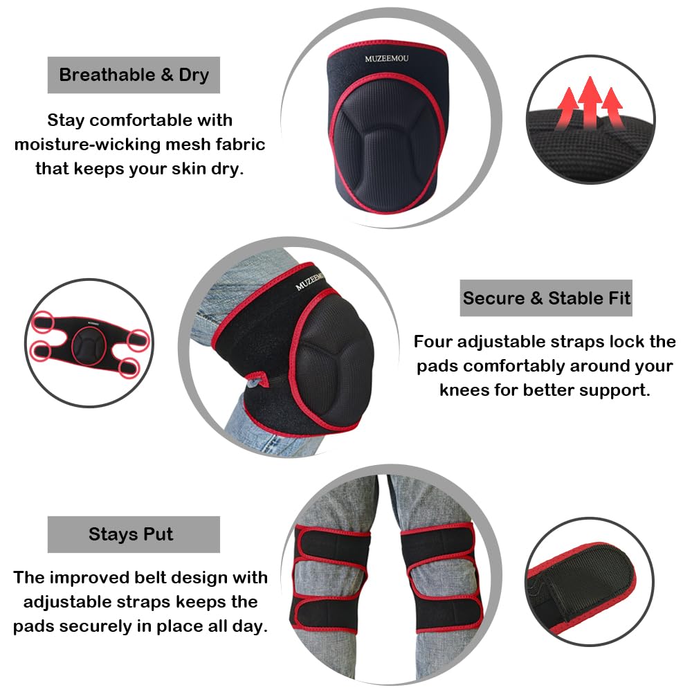 MUZEEMOU Knee Pads for Gardening,Flooring - Thick EVA Foam Cushion, Non-Slip Silicone & Adjustable Straps (S/M/L), Breathable Unisex Garden Kneeling Pad with Extended Comfort