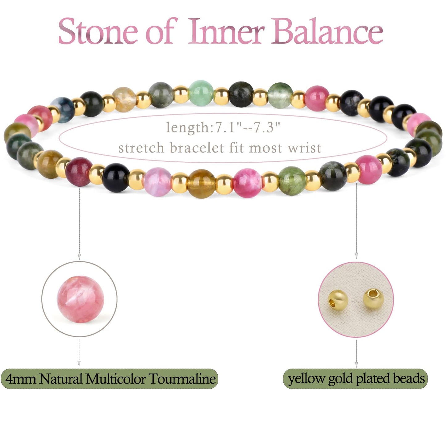 QOGIR Multicolor Tourmaline - Stone of Inner Balance - 14K Gold Plated Beads Natural Gemstone Stretch Elastic Dainty Healing Beaded Bracelets Gifts 4mm