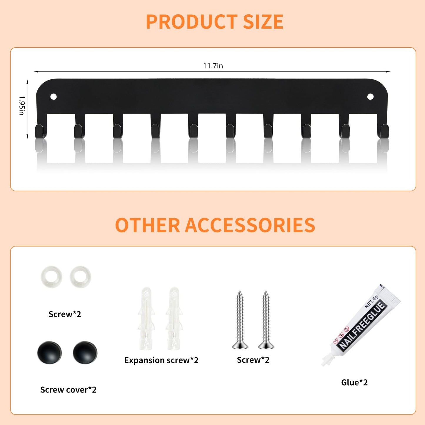 Yoanxong 2 Pack Key Holder Wall Mount, 10 Hooks Car Key Holder for Wall, No Drilling Required, Key Rack Adhesive, Keys Hanger on Wall, Key Rack Wall Mount for Entryway, Living Room, Hallway (Black)
