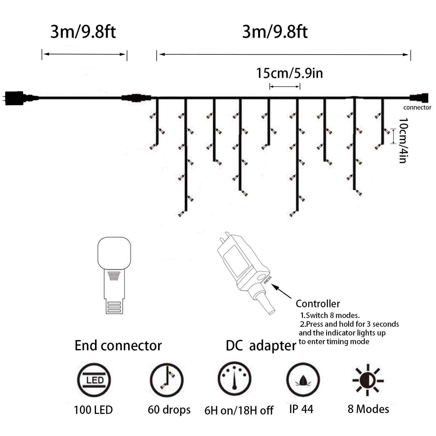 YASENN Icicle Lights 100LED 9.9Ft,8 Lighting Modes String Lights,Icicle Style Lights with Timer,Connectable Fairy Lights Plug in for Wall Eave Roof Porch Garden Christmas Decoration(Cool White)
