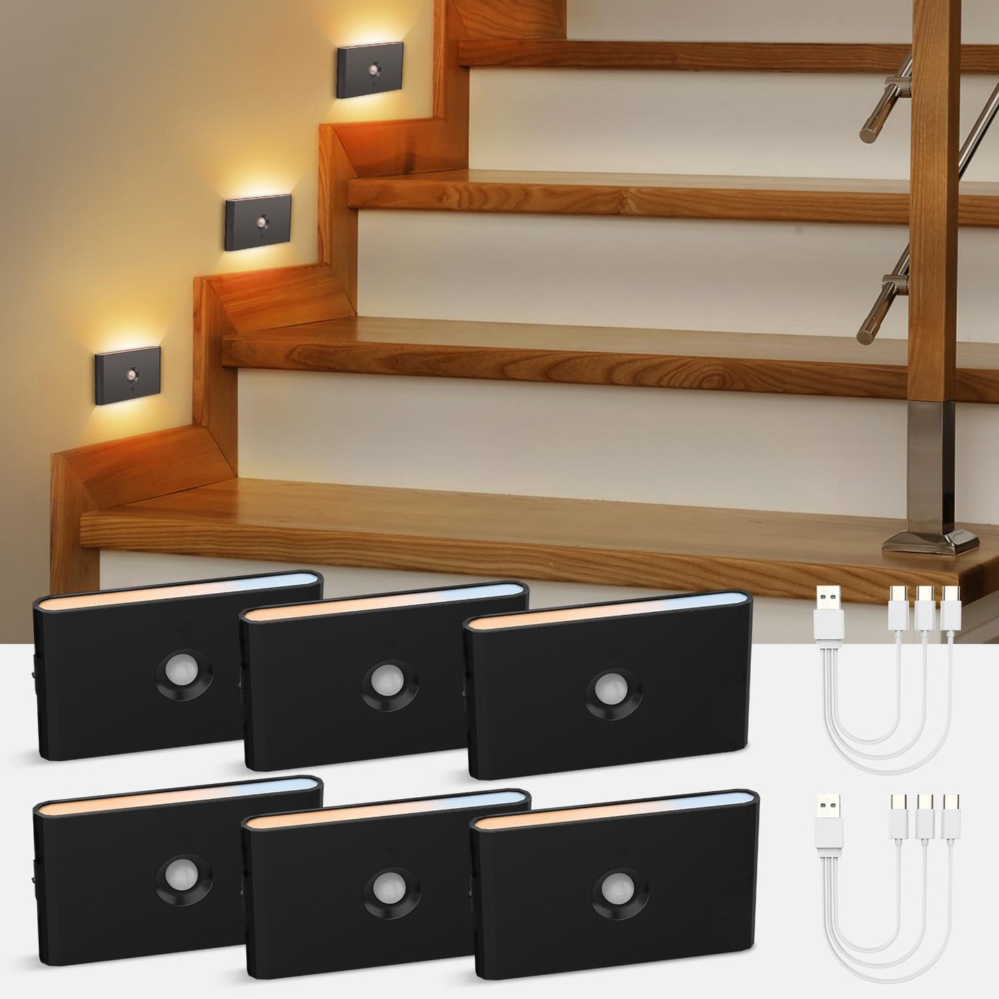 wowatt 3CCT Rechargeable Stair Lights Indoor, Black Stairway Lights Indoor with Magnetic Mount, Dimmable Stair Lights Motion Sensor for Stairway, Hallway, Kitchen, Bathroom(6 Packs)