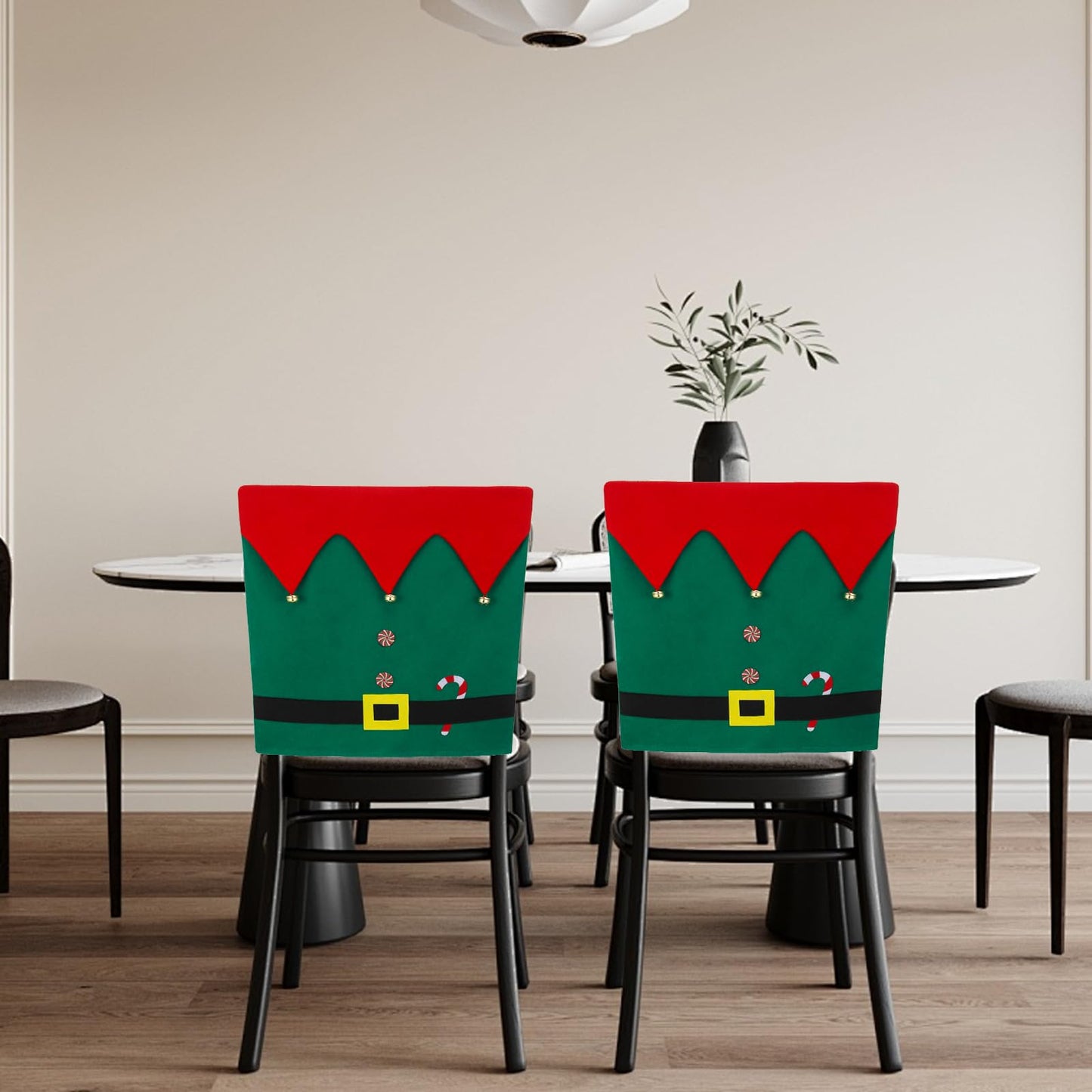 Slsxip Christmas Elf Chair Covers - Kitchen Dining Chair Back Decor with Jingle Bells, Candy Canes & Belt Buckle Design, Holiday Party Home Decorations, Set of 4