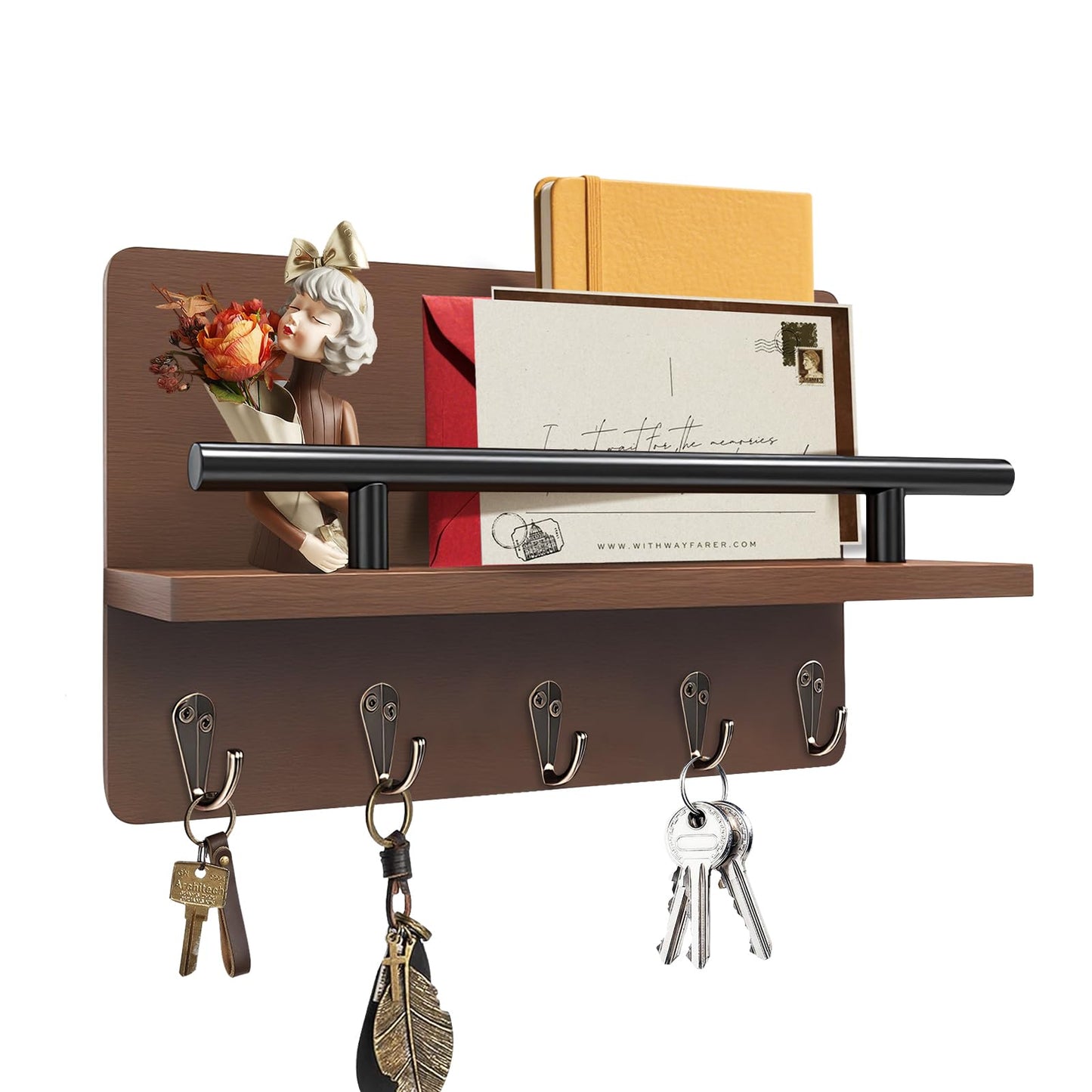 KISENG Key Holder Wall Mount, Decorative Key Rack with Shelf & 5 Sturdy Hooks, Rustic Key Hooks for Wall for Mail Organizer Hanging Dog Leash, Glasses, Wooden Key Hanger with Mounting Hardware