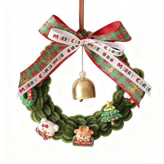 Christmas Bell Pipe Cleaner Wreath Ornament, Handmade Festive Wreath with Cute Figurines & Ribbon, Christmas Tree Hanging Decor for Home Party Holiday Atmosphere Enhancement