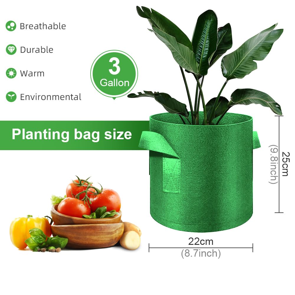 FineGearPow 5-Pack 3 Gallon Grow Bags Heavy Duty Thickened Nonwoven Fabric Pots with Handles, Plant Grow Bags for Vegetables/Flower/Plant/Fruits, Green