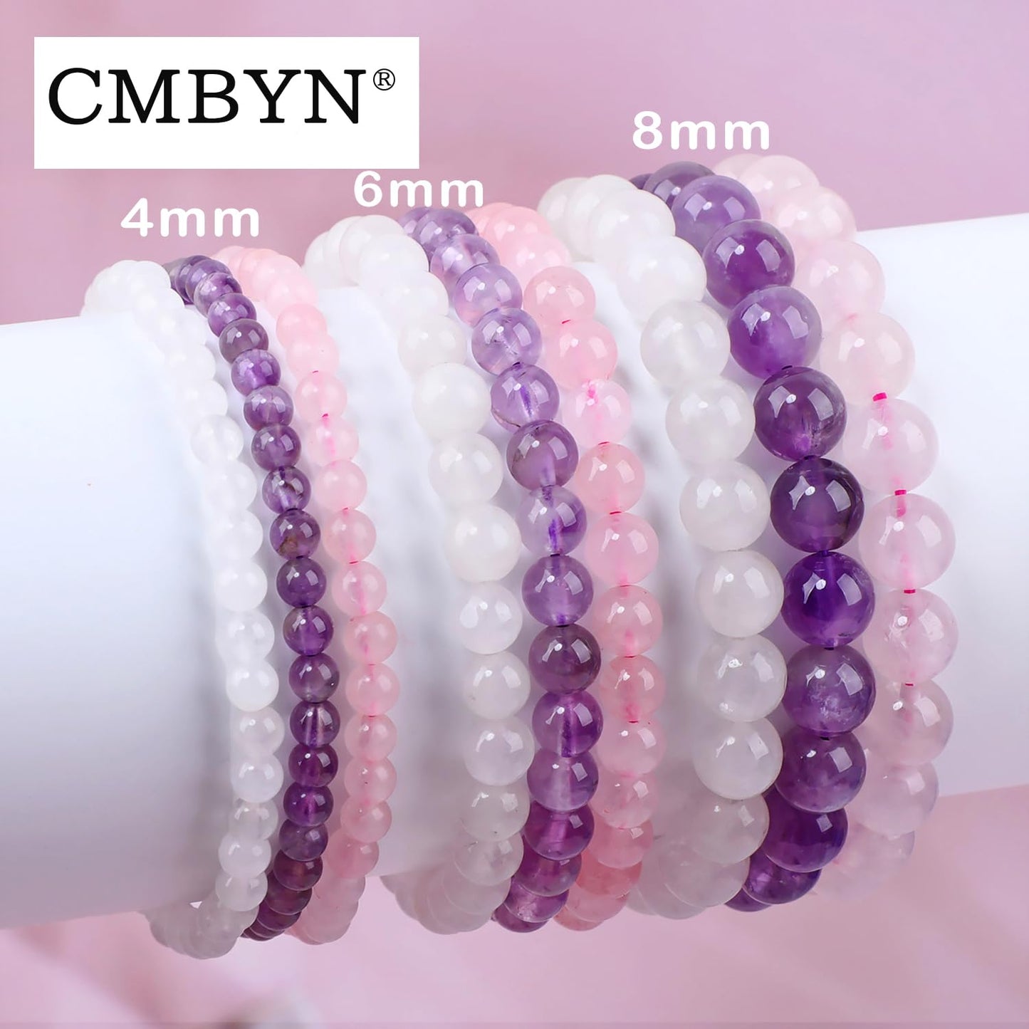 CMBYN 3-Pieces 4mm Natural Crystal Gemstone – ﻿Amethyst, Pink Quartz, White Jade Handmade Reiki Energy Healing Stretch Bracelets Jewelry for Yoga, Meditation, Unisex