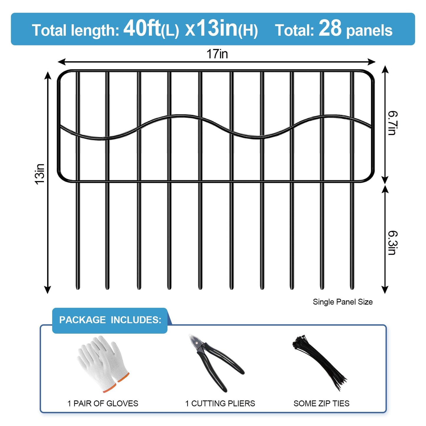 40ft(L) x 13in(H) Garden Animal Barrier Fence, 28panels No Dig Fences, Small Dog Fence Barrier, Animal Barrier Rabbit Fencing Rustproof Metal Decorative Border for Outdoor Garden