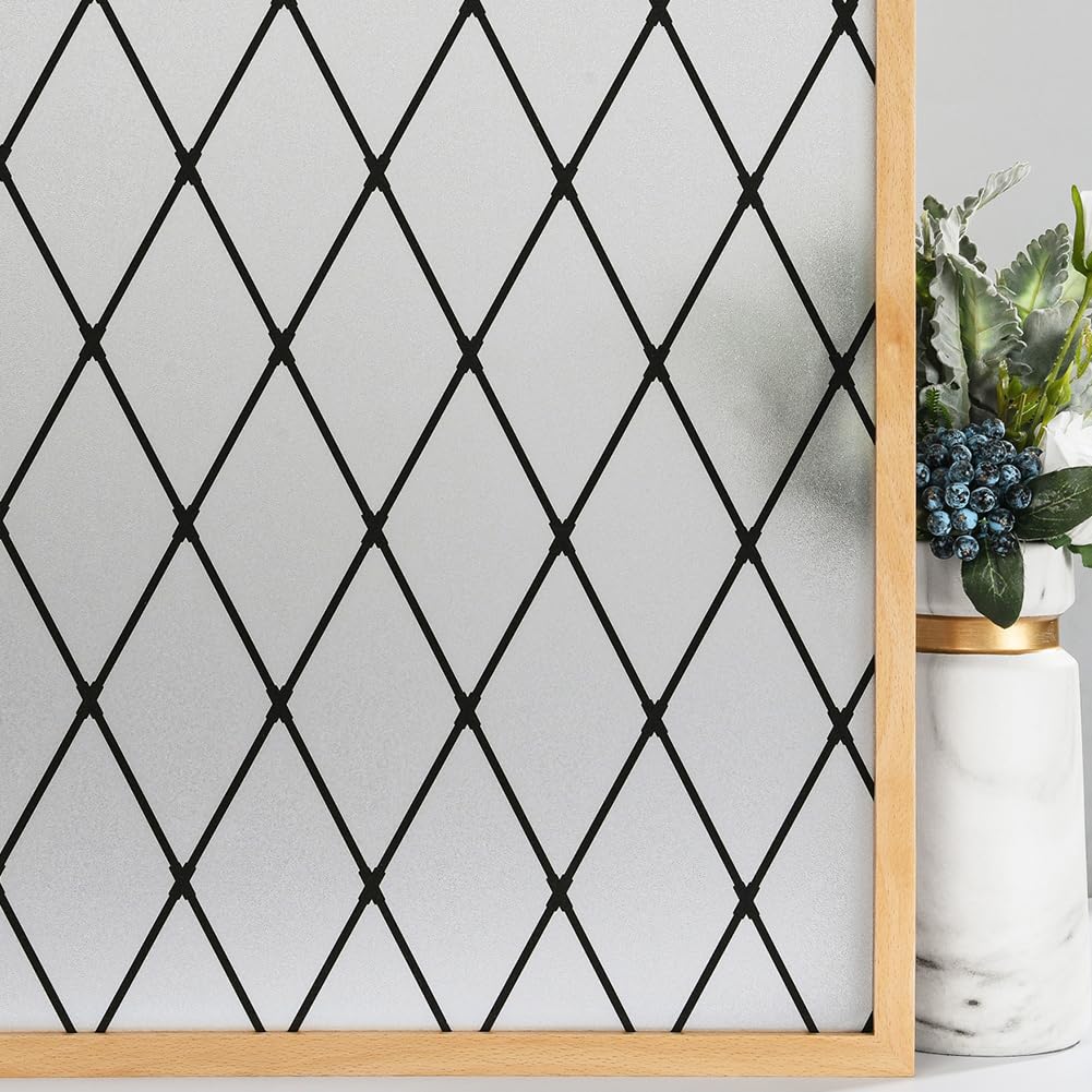 VELIMAX Frosted Black Lattice Window Film Static Cling Window Privacy Films Decorative Glass Vinyl Film for Windows Removable Sun Blocking Anti-UV 17.7x78.7 inches